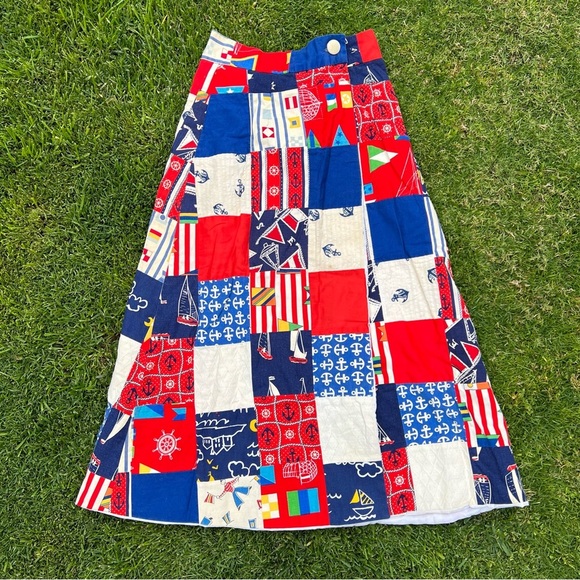 Vintage 50s 60s Patchwork Nautical High Waist Maxi Skirt Patriotic Sailing Med - Picture 1 of 15